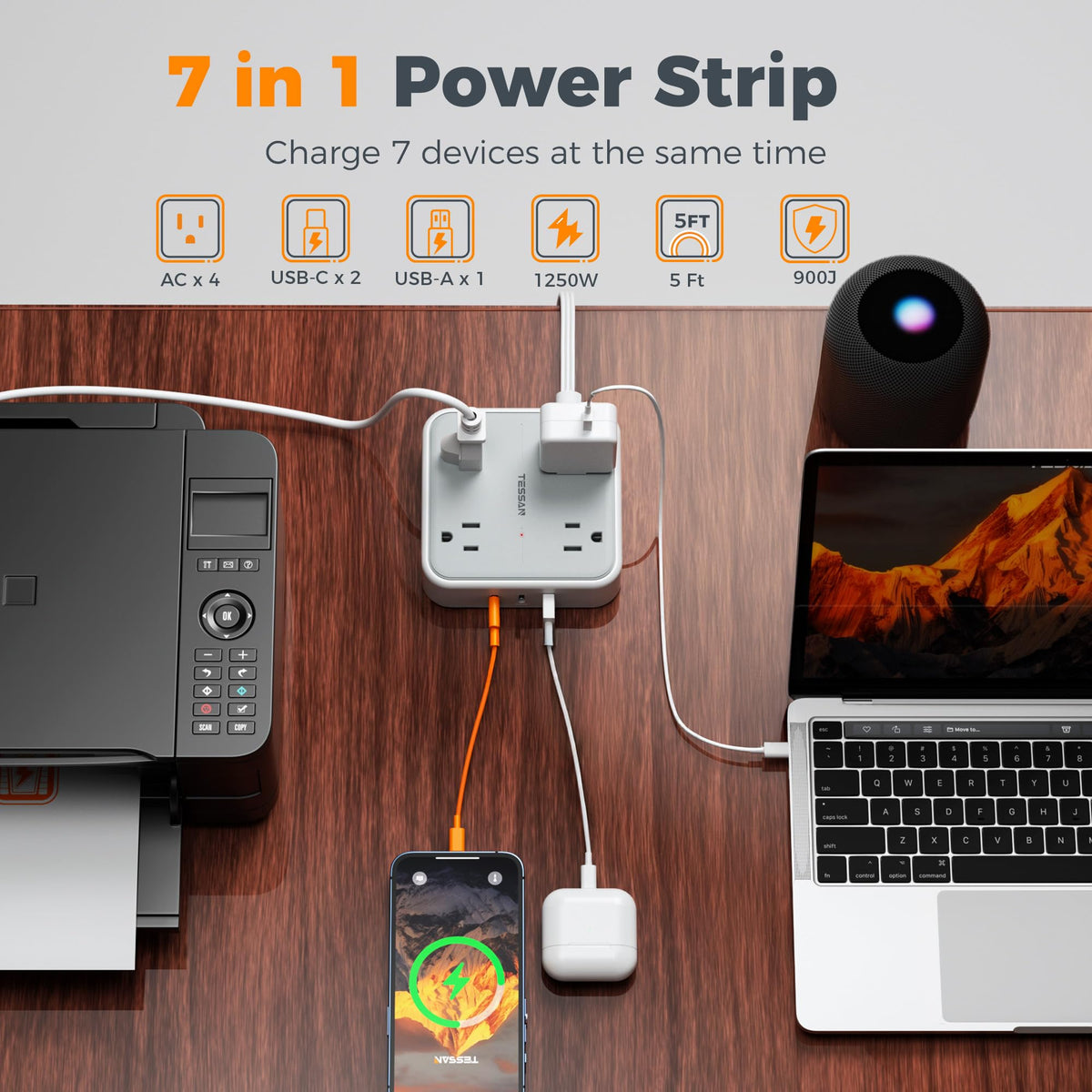 TESSAN PD 20W Surge Protector Extension Cord 5Ft, Flat Plug Power Strip