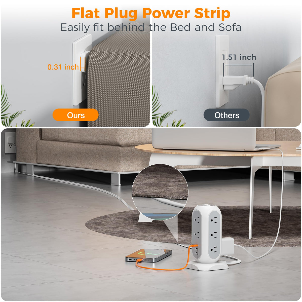 TESSAN Tower Power Strip Flat Plug with 1050J Surge Protection, 6 Ft, Black