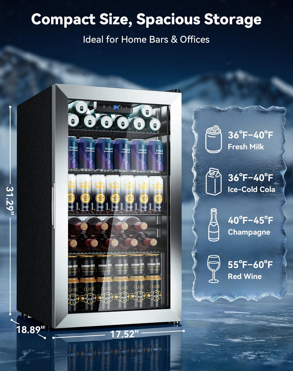 2.5 Cu.Ft Beverage Fridge, Glass Door Mini Fridge, Silver, 96 Can