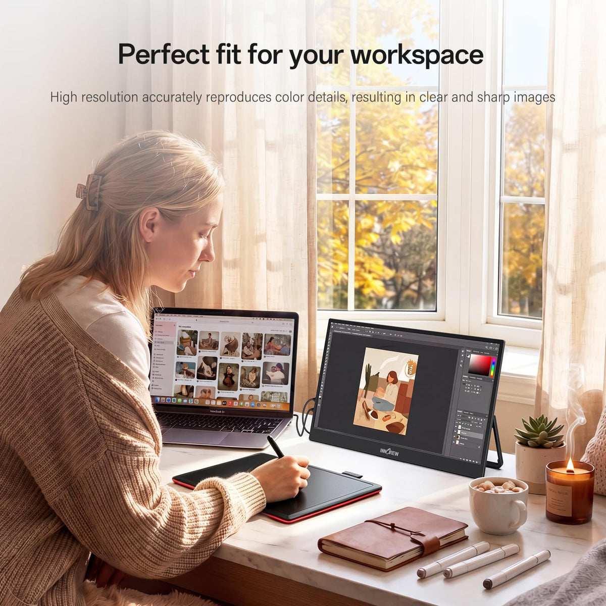 InnoView Portable Monitor, 15.6 Inch FHD 1080P HDMI USB C Second External Monitor for Laptop, Desktop, MacBook, Phones, Tablet, PS5/4, Xbox, Switch, Built-in Speaker with Protective Case