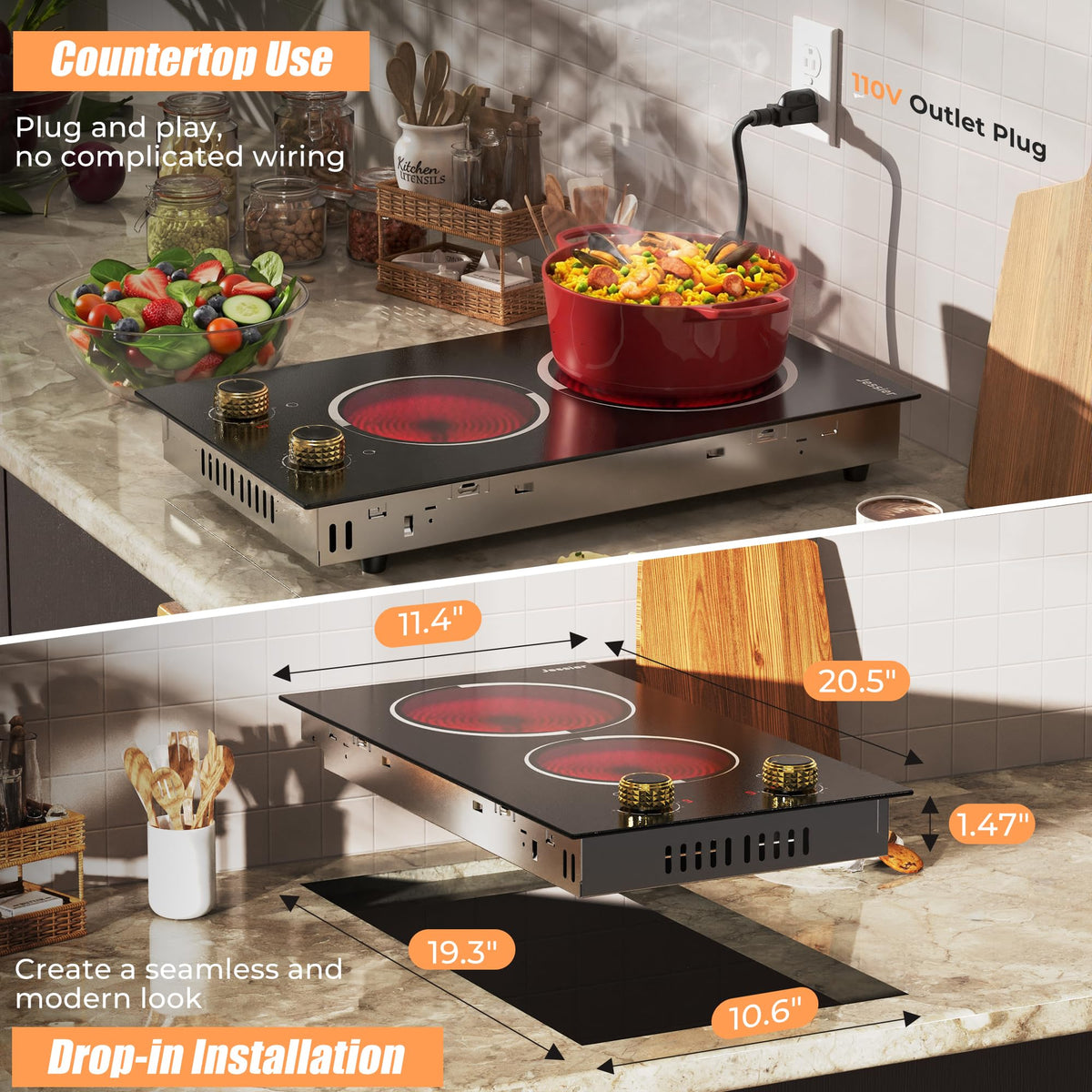 2 Burner Electric Cooktop 110V 2000W Countertop or Built-in