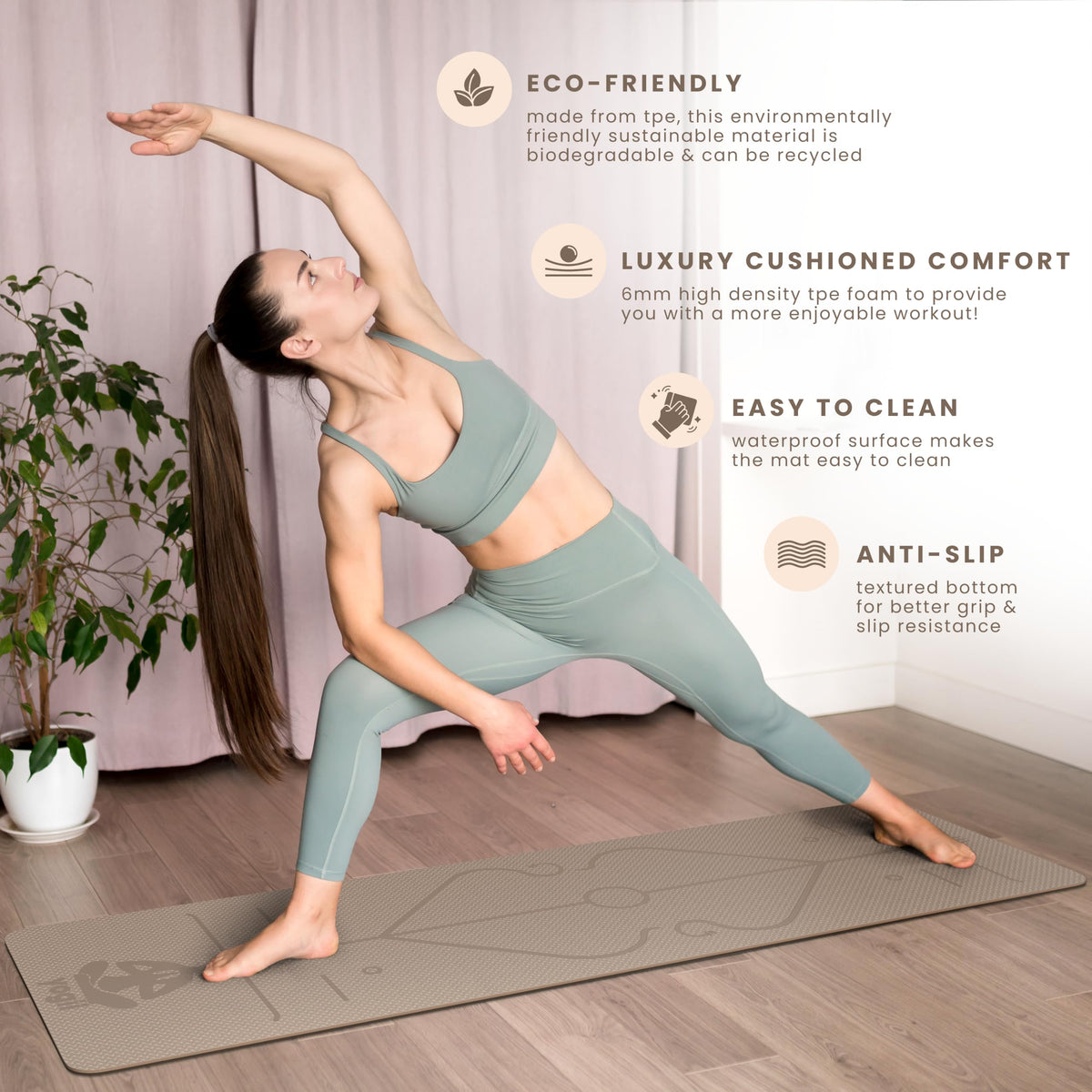 Yogii Yoga Mat - Non-Slip 6mm Thick TPE & Travel-friendly Yoga Mat - Perfect for Home & Gym Exercise Fitness & Pilates - With Laser Alignment Guides for Men & Women