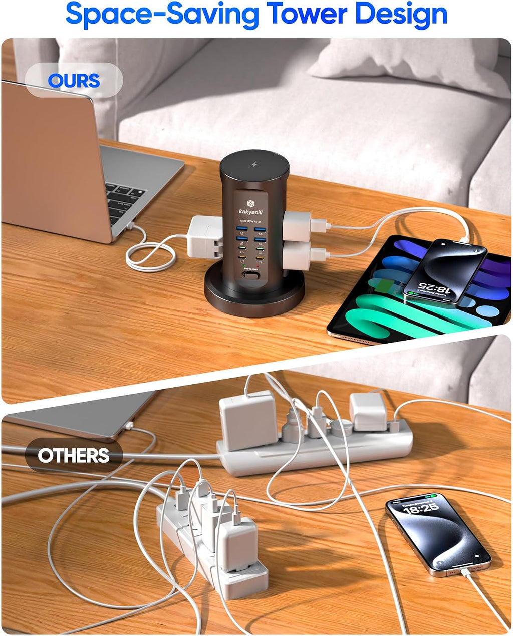 Power Strip Tower, kakyanill PD 65W Charging Station 9 AC Outlets 8 USB