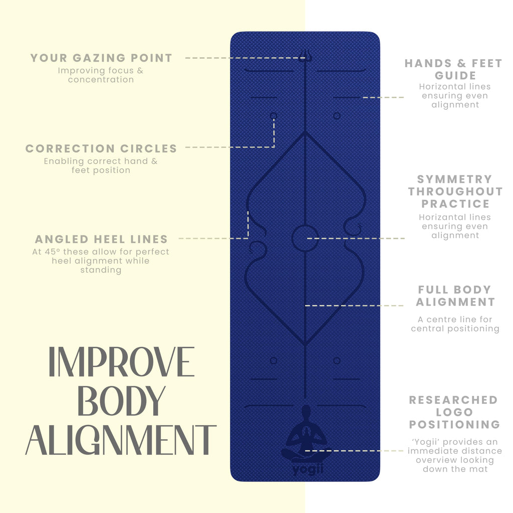 Yogii Yoga Mat - Non-Slip 6mm Thick TPE & Travel-friendly Yoga Mat - Perfect for Home & Gym Exercise Fitness & Pilates - With Laser Alignment Guides for Men & Women