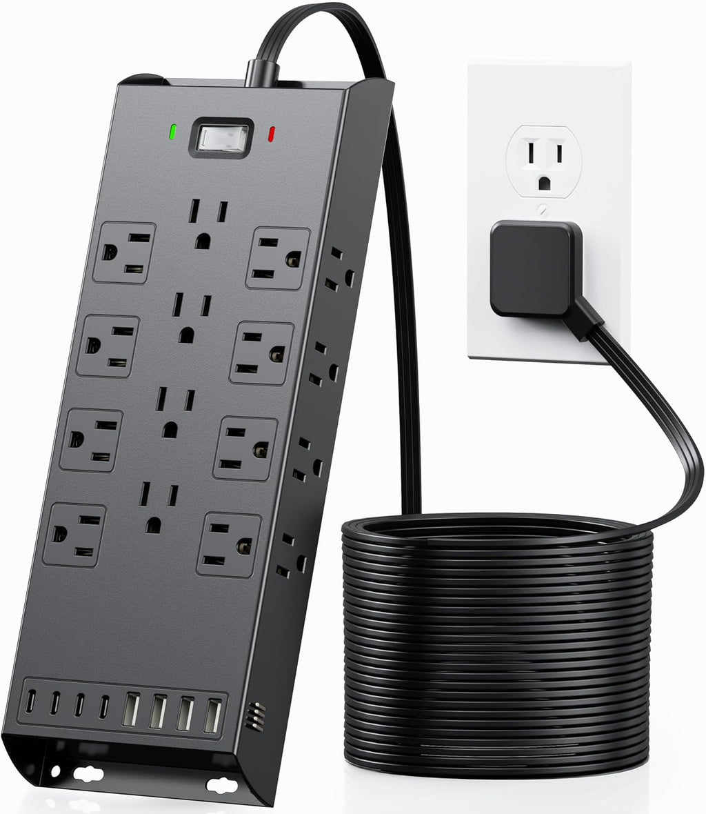 Surge Protector Power Strip 4800J, LeZone 10Ft Long Extension Cord Flat Plug, 20 Outlets 8 USB Ports(4 USB-C), Wall Mountable, Desk Charging Station, Black