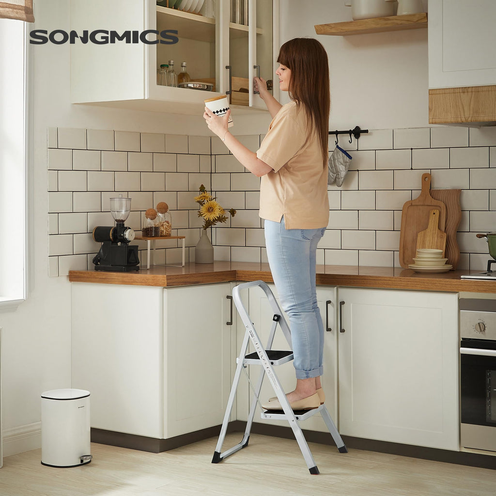 SONGMICS 3-Step Ladder, Folding Step Ladder, Safety, Holds up to 150KG