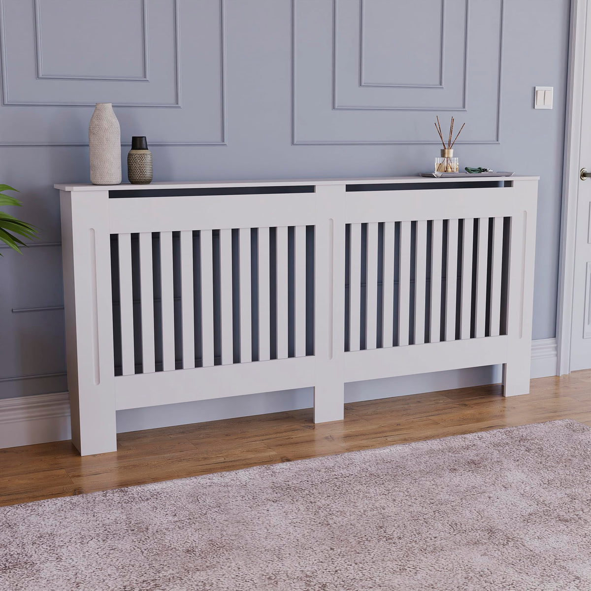 Vida Designs Chelsea Radiator Cover White - Medium - Modern Vertical Slat Design For Optimal Heat Circulation - H82xW111xD19cm - Painted MDF Cabinet Ideal For Living Room & Hallway