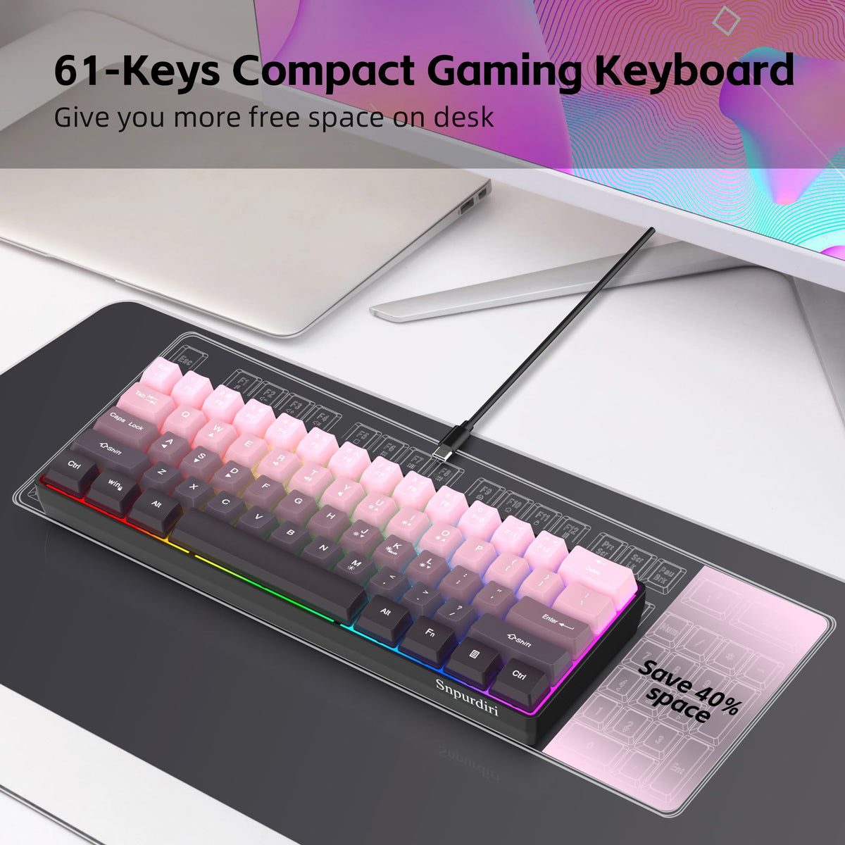 Snpurdiri 60% Wired Mechanical Gaming Keyboard, Ice Blue LED Backlit 61 Keys Mini Wired Office Keyboard for Windows Laptop PC Mac (Black-White, Red Switches)