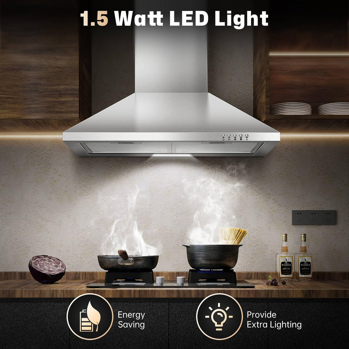 SNDOAS Range Hood 30 inch,Wall Mount Range Hood in Stainless Steel With Ducted/Ductless Convertible,Stove Vent Hood with Aluminum Filters,3 Speed Exhaust Fan,LED Light,Button Control