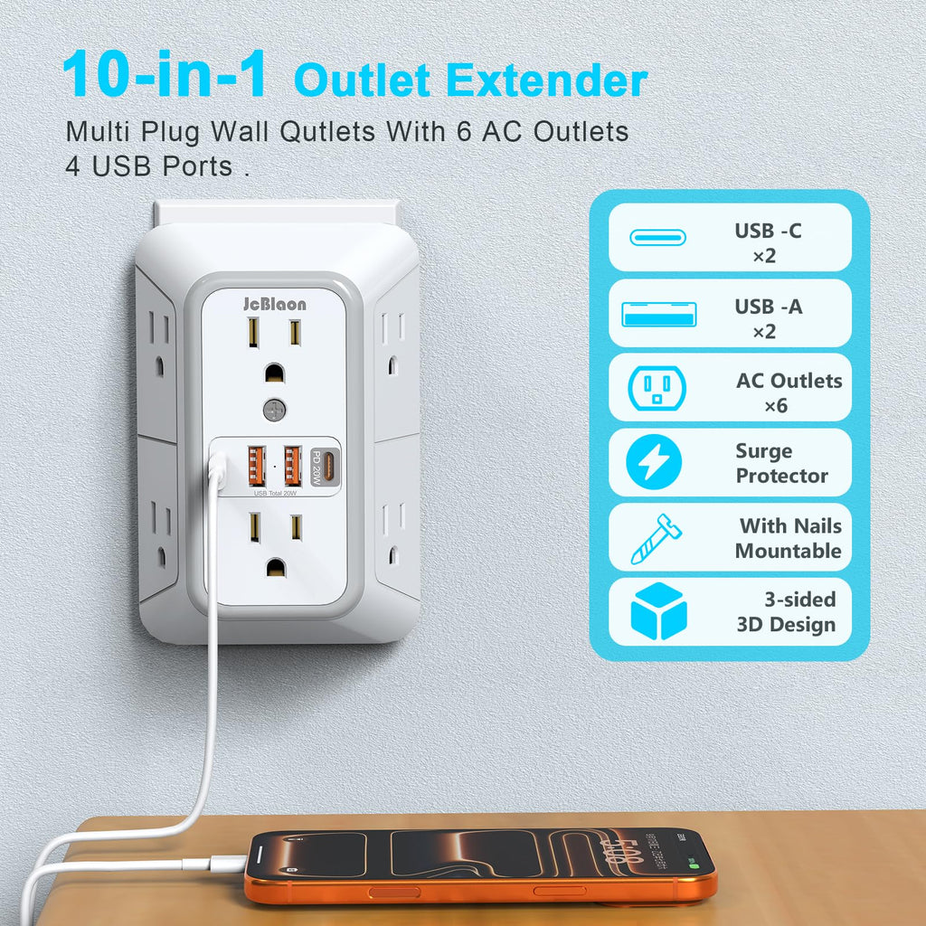 3 Pack Surge Protector Outlet Extender, 6 Outlet Splitter with 4 USB Ports (2 USB C), Multi Plug Wall Outlet 1050J Power Strip, USB Wall Charger for Home Office Kitchen Travel-ETL