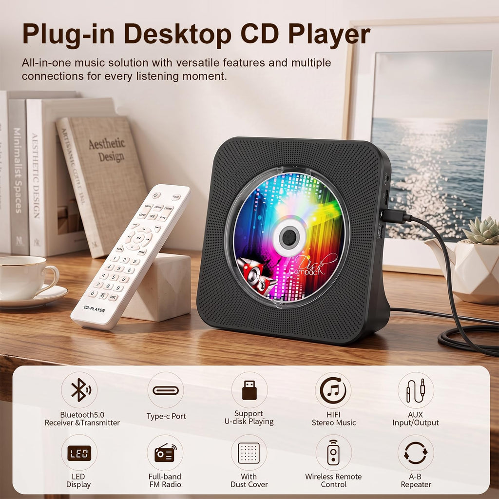 Portable CD Player with Bluetooth, Gueray Desktop CD Players for Home, Bulit-in Double HiFi Speakers, AUX&Headphone Jack, FM Radio Boombox with Remote Control, USB Port,LCD Display (White)