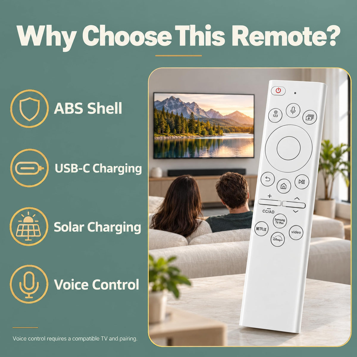 Rechargeable TV Remote for Samsung Smart TVs, Replacement for All 2019-2026 Samsung TV Remote Control with Voice Control. USB-C Fast Charging. Solar Charging. 2-Year Warranty.