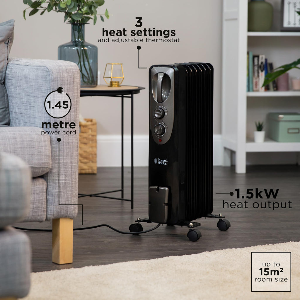 Russell Hobbs 2000W/2KW Oil Filled Radiator, 9 Fin Portable Electric Heater - White, Adjustable Thermostat with 3 Heat Settings, Safety Cut-off, 20 m sq Room Size, RHOFR5002, 2 Year Guarantee