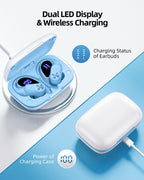 PocBuds Bluetooth Headphones Wireless Earbuds 80hrs Playtime Wireless Charging Case Digital Display Sports Ear Buds with Earhook Deep Bass IPX7 Waterproof Over-Ear Earphones for TV Phone Laptop Pink