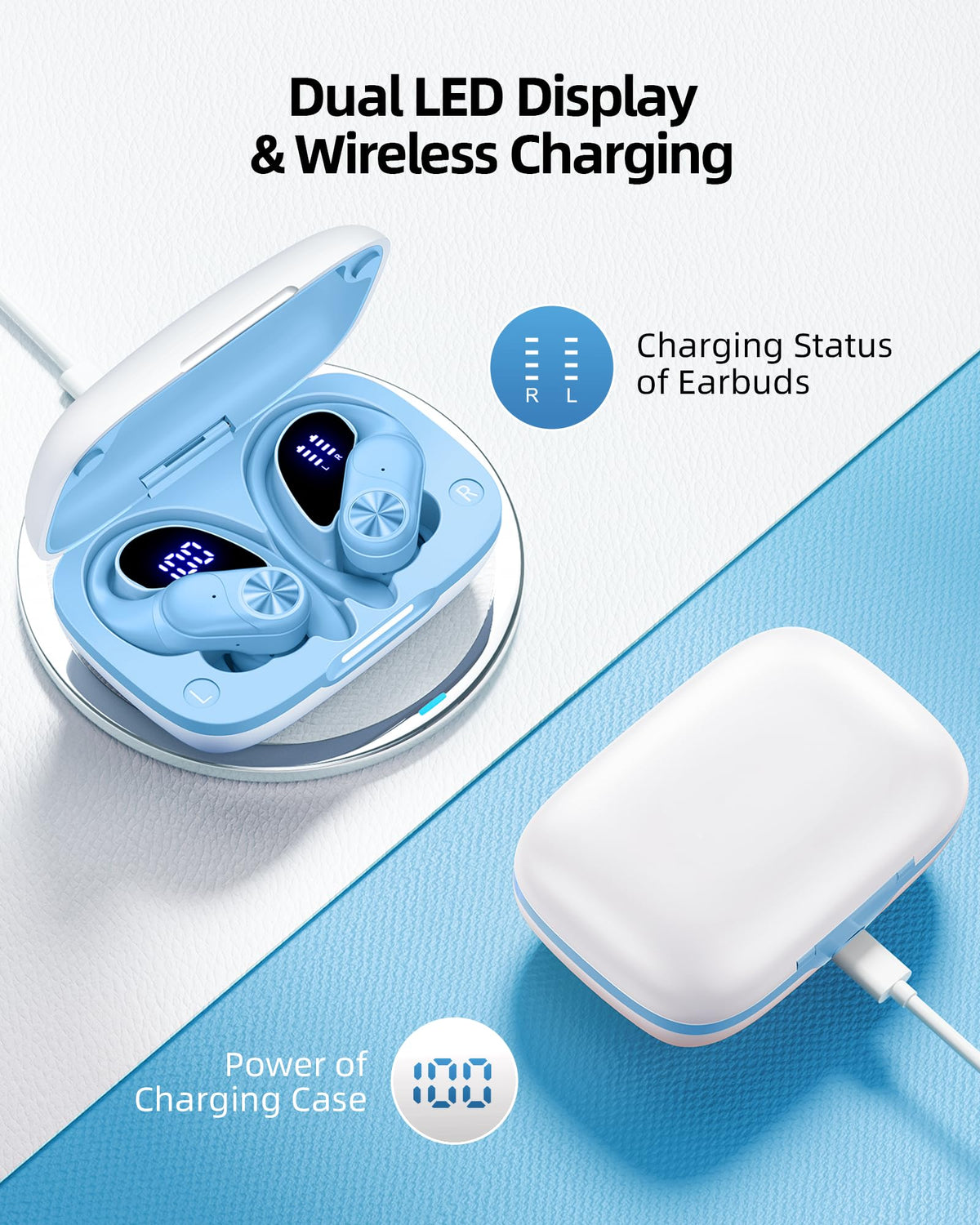 PocBuds Bluetooth Headphones Wireless Earbuds 80hrs Playtime Wireless Charging Case Digital Display Sports Ear Buds with Earhook Deep Bass IPX7 Waterproof Over-Ear Earphones for TV Phone Laptop Pink