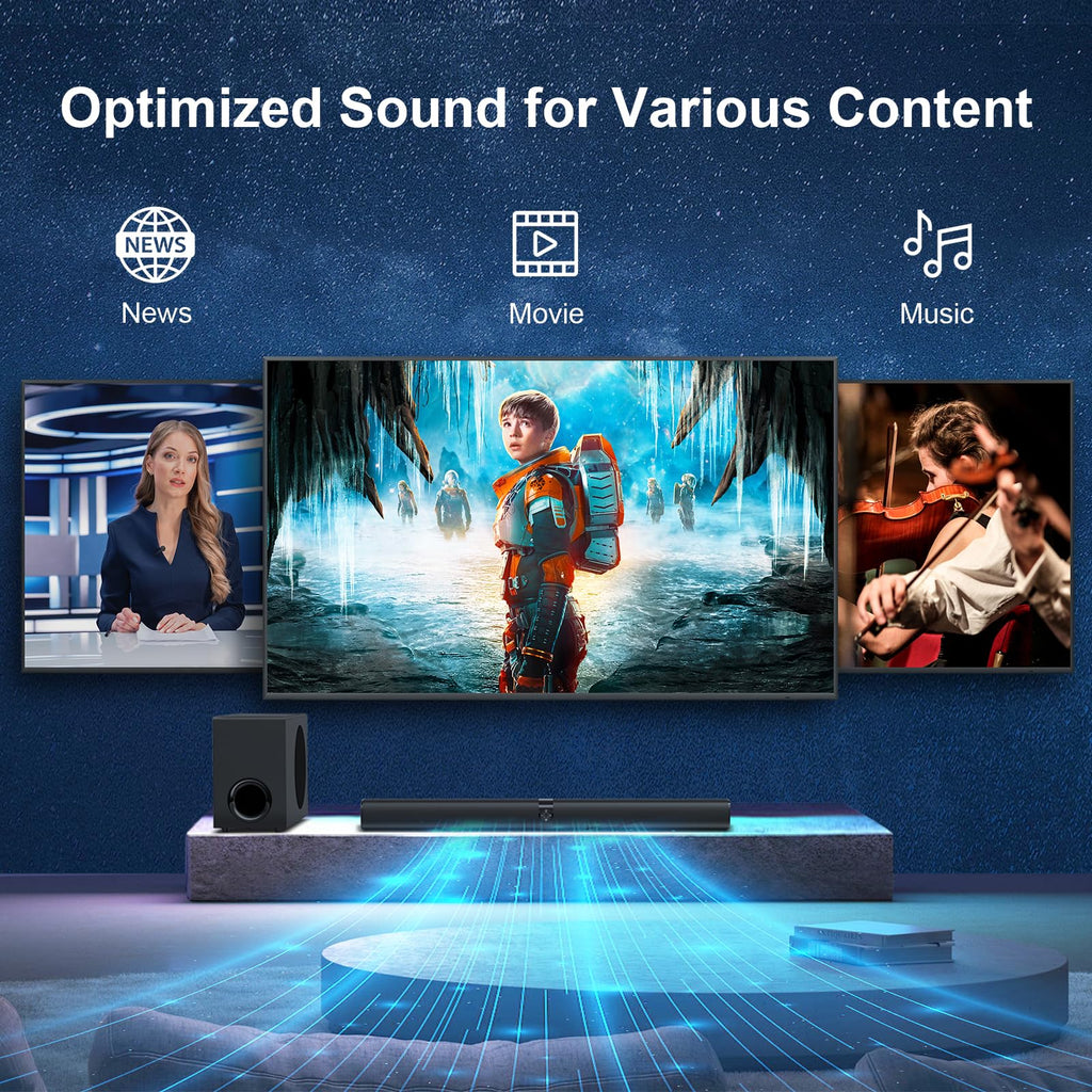 Sound Bar for Smart TV, Soundbar with Bluetooth/ARC/Opt/AUX Connect, Auto Volume Boost, 3 Equalizer Modes, 2 in 1 Detachable Soundbar for TV/PC/Gaming/Projectors