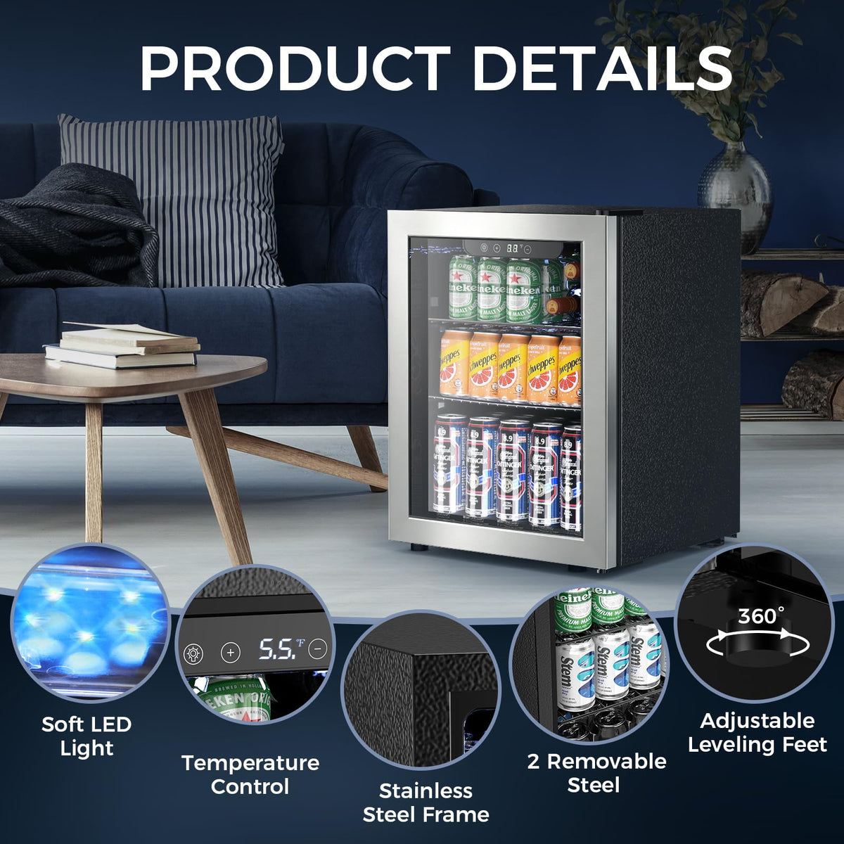 Electactic 48 Can Beverage Refrigerator,12 Bottle Wine Cooler with Seamless Stainless Steel & Glass Door, Digital Temperature Display, Countertop Mini Fridge for Soda, Wine or Beer, Silver