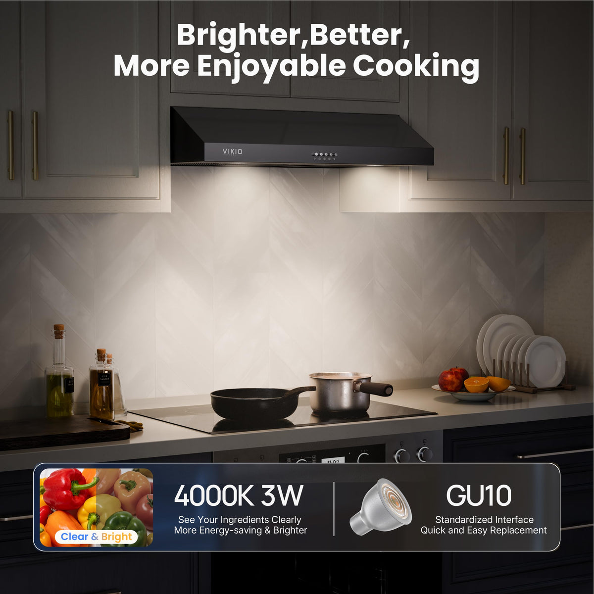 VIKIO HOME Under Cabinet Range Hood 30 Inch, 1200 CFM Dual-Motor Kitchen Vent with LED Lights, Button Control, Ducted Stainless Steel Vent Hood, Reusable 5-Layer Aluminum Filters, Black