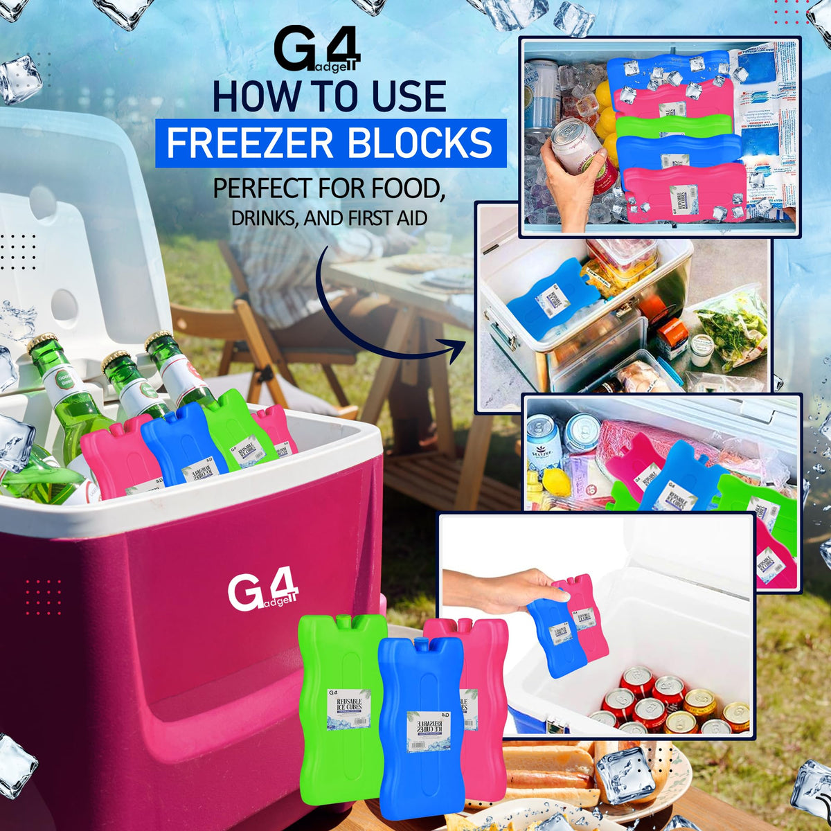 G4GADGET 16cm Freezer Blocks – Pack of 4 – Long-Lasting Reusable Ice Packs for Coolers, Picnic Bags, Travel & Outdoor Adventures – Ideal for Beach & Hiking Trips