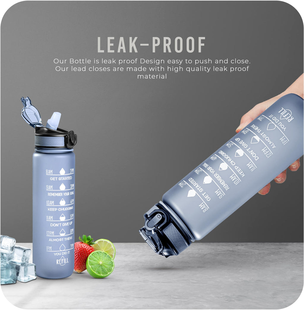 Roe Tenpo Sports Water Bottle with Straw and Time Marking, and 32OZ Capacity - Motivational and Eco-Friendly BPA-Free Bottle for Running, Gym, Yoga, Outdoors, and Camping (Style-1, Black)