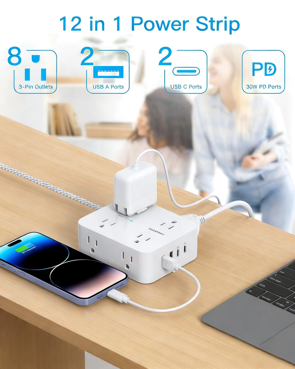 HANYCONY Surge Protector Power Strip, 10 Ft Braided Extension Cord, 1080J