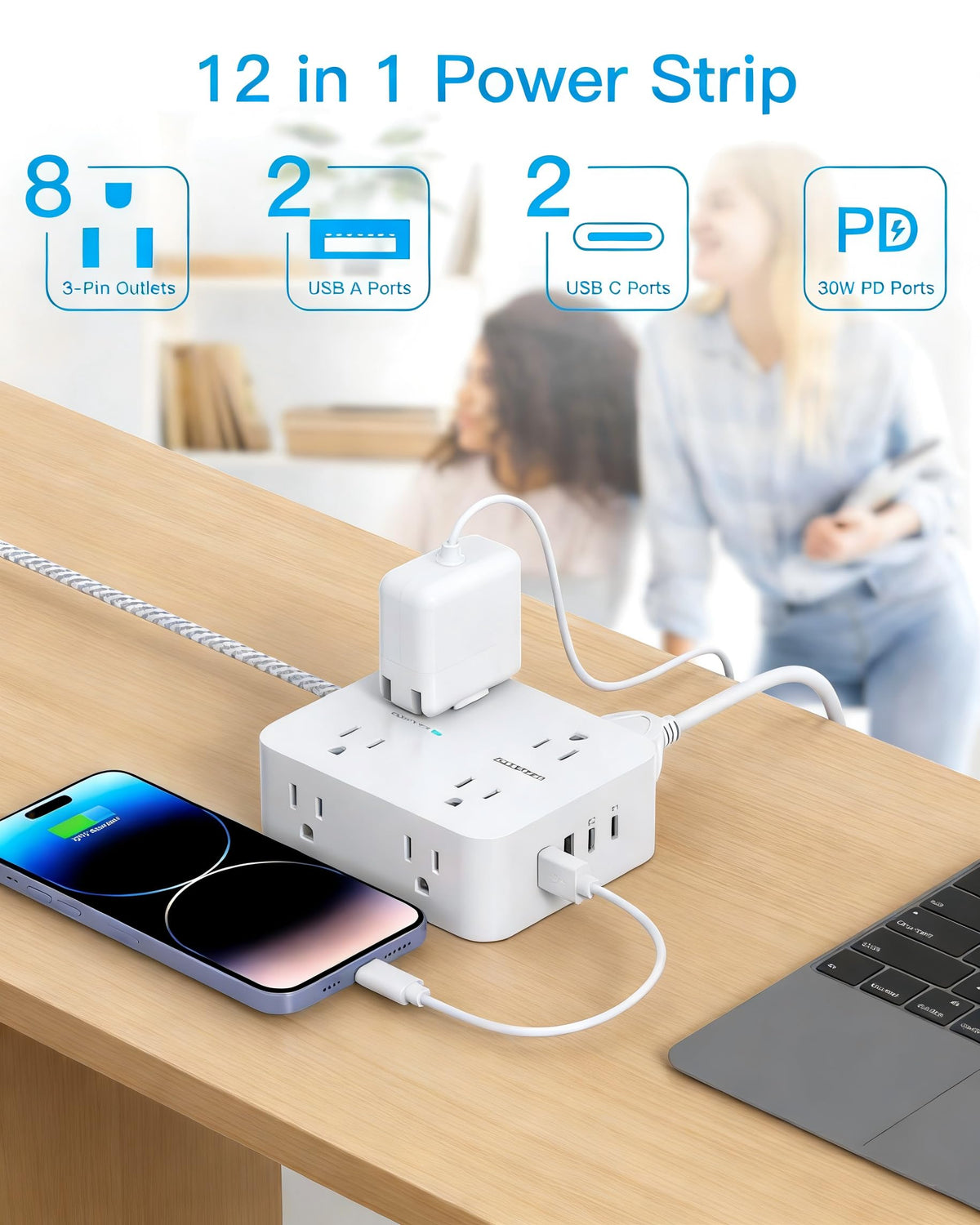 HANYCONY Surge Protector Power Strip, 10 Ft Braided Extension Cord, 1080J