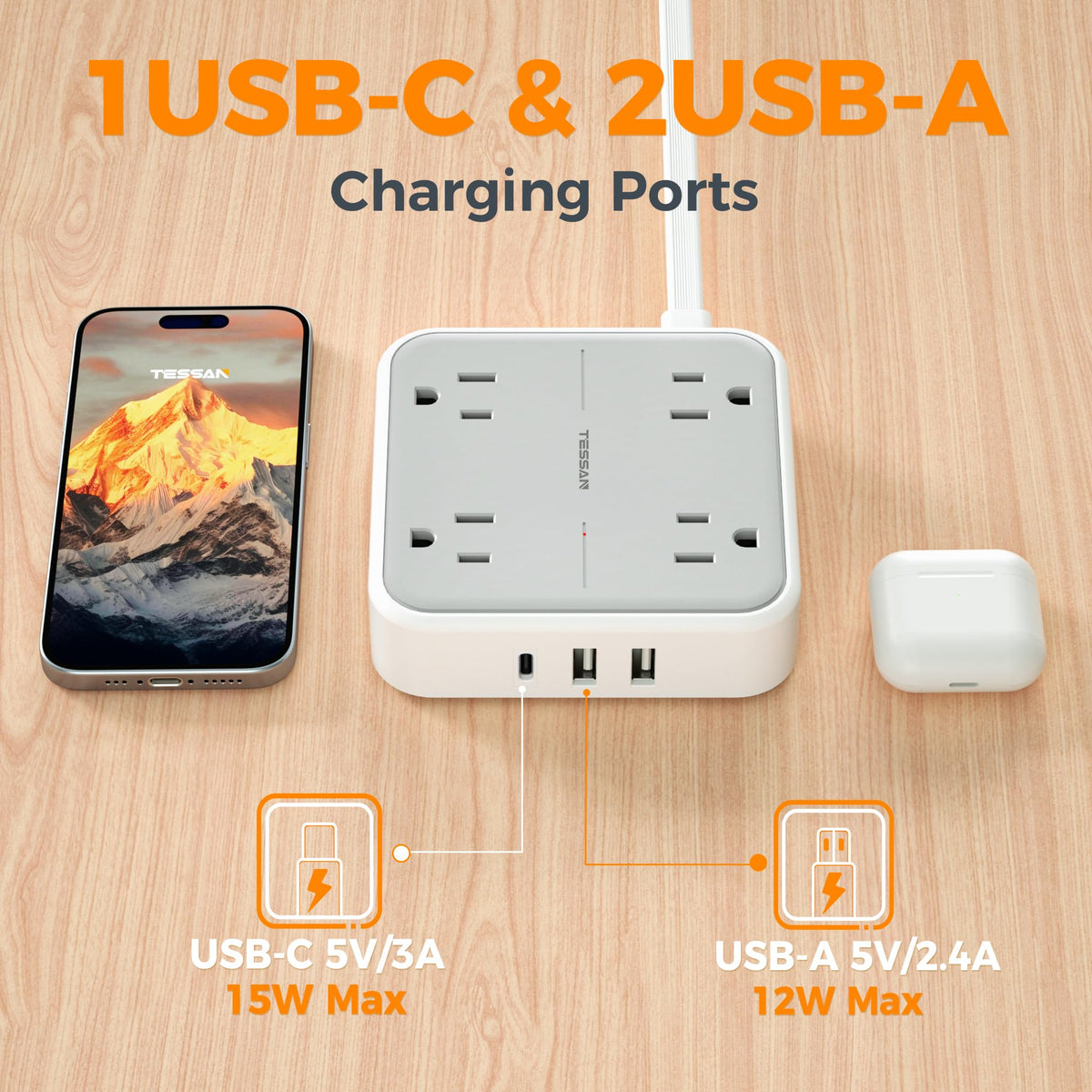 TESSAN PD 20W Surge Protector Extension Cord 5Ft, Flat Plug Power Strip