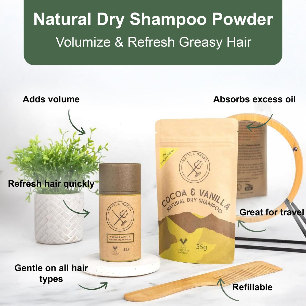 Battle Green Natural Dry Shampoo Powder 55g Tube (Mint and Tea Tree)