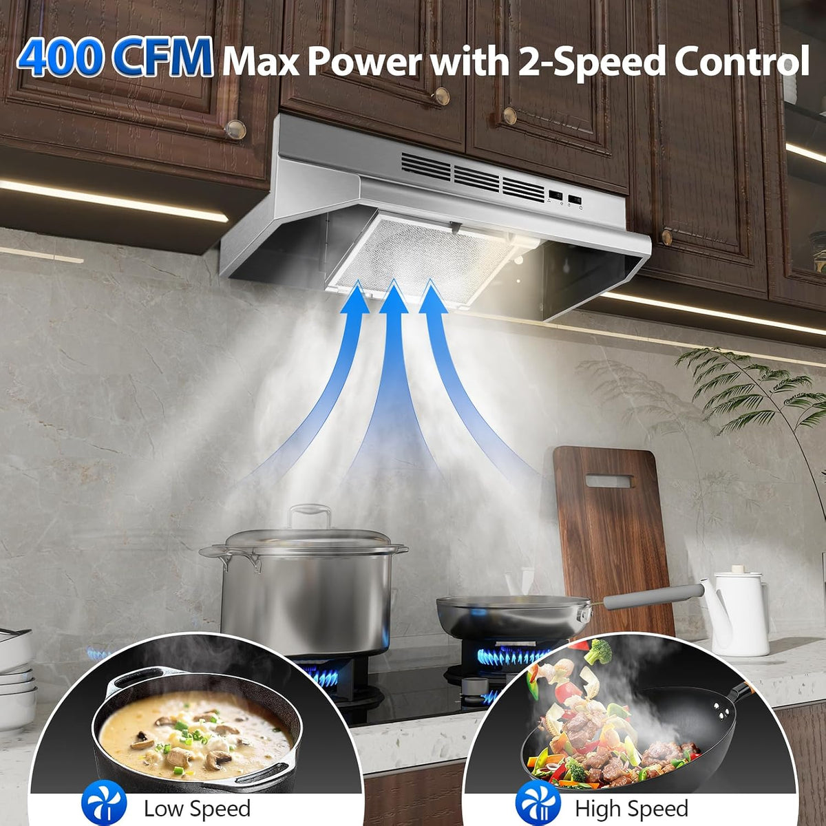 Tieasy Under Cabinet Range Hood 24 Inch, 400 CFM Stainless Steel Convertible Vent Hood with 2 Speed Exhaust Fan and Rocker Switch Control, Ducted/Ductless Kitchen Hood with Multiple Venting Options