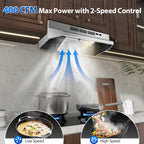 Tieasy Under Cabinet Range Hood 24 Inch, 400 CFM Stainless Steel Convertible Vent Hood with 2 Speed Exhaust Fan and Rocker Switch Control, Ducted/Ductless Kitchen Hood with Multiple Venting Options