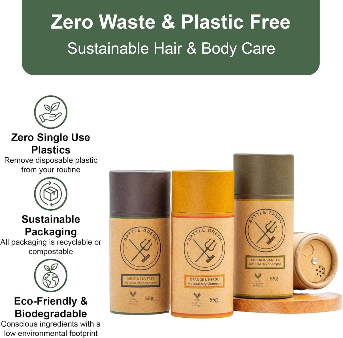 Battle Green Natural Dry Shampoo Powder 55g Tube (Mint and Tea Tree)