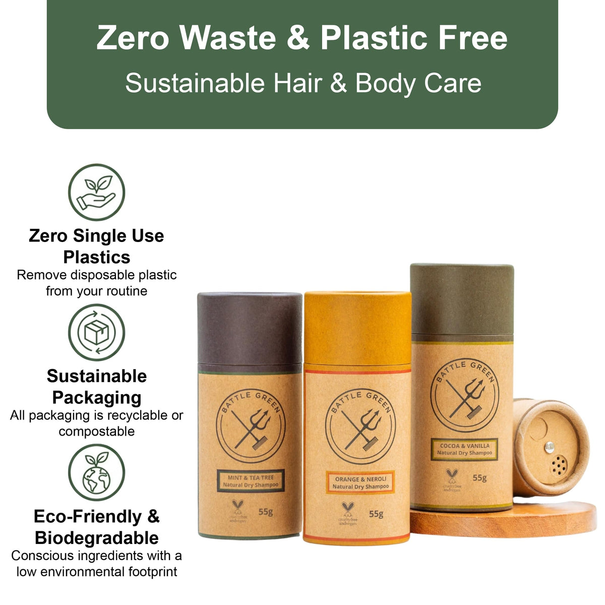Battle Green Natural Dry Shampoo Powder 55g Tube (Mint and Tea Tree)