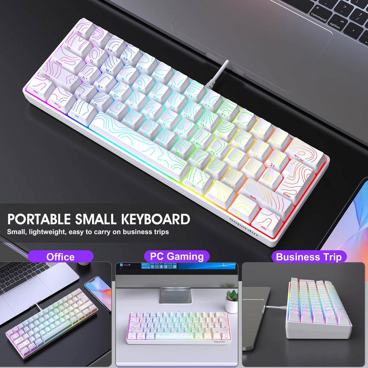 Snpurdiri 60% Wired Mechanical Gaming Keyboard, Ice Blue LED Backlit 61 Keys Mini Wired Office Keyboard for Windows Laptop PC Mac (Black-White, Red Switches)