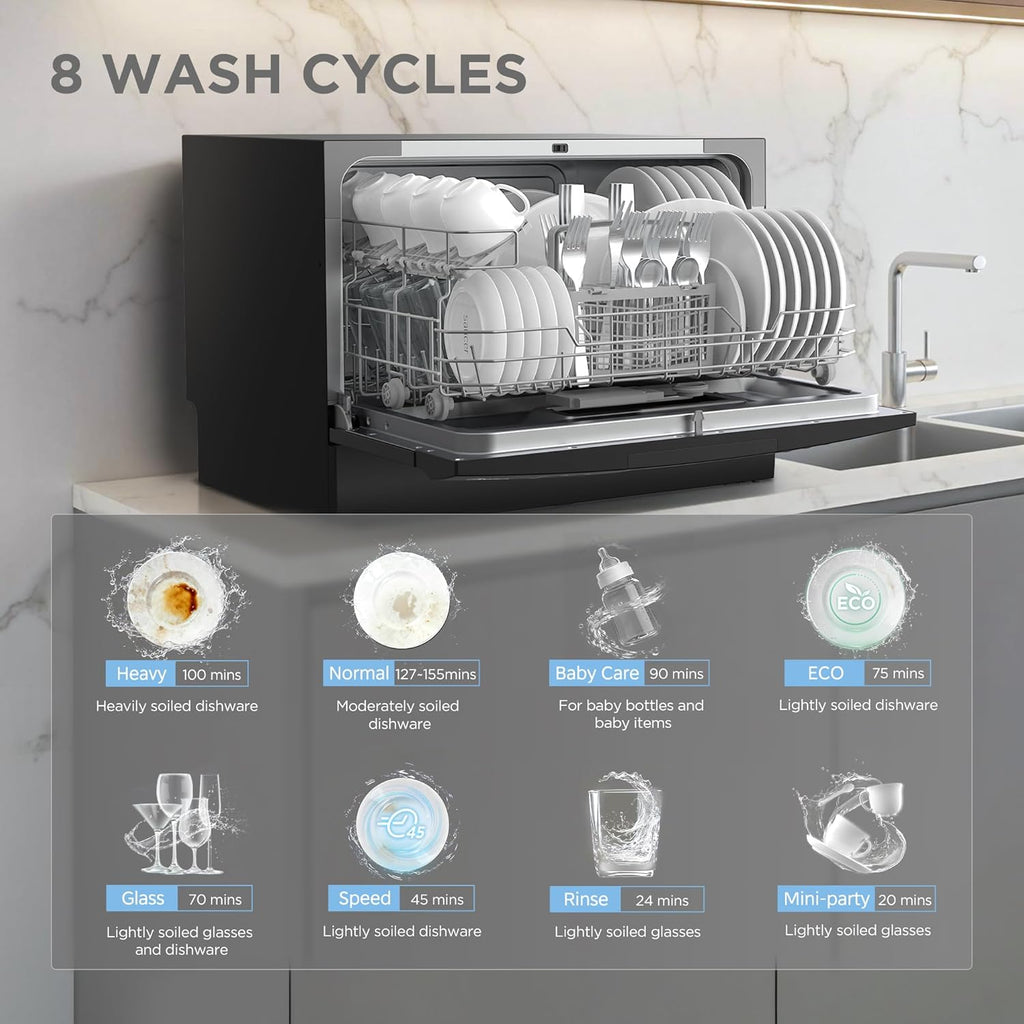 COMFEE’ Countertop Dishwasher, Energy Star Portable Dishwasher, 6 Place Settings & 8 Washing Programs, Speed, Baby-Care, ECO& Glass, Dish Washer for Dorm, RV& Apartment, Black