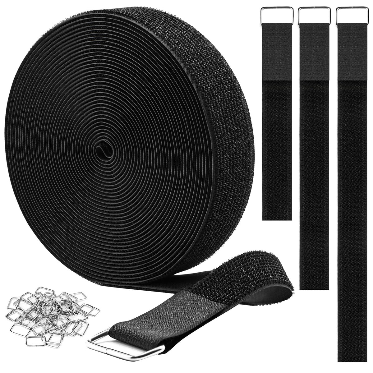 YMCRLUX 1"x64ft Hook and Loop Straps with 70 Metal Buckles, Adjustable Fastening Cable Straps, Cut-to-Length Cinch Strap, Reusable Nylon Securing Cord Ties for Organizer or Storage, 1 inch Wide, Black