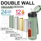 GOPPUS 600ml/20oz Stainless Water Bottle with Straw Double Wall Insulated Bottles with Strap One Hand Open Vacuum Thermal Flask with Flip Top Lid Leakproof Keep Cold Drinks BPA Free