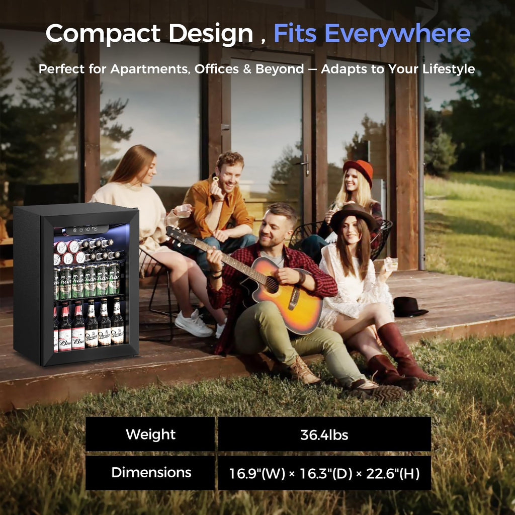Feelfunn 2.6CuFt Beverage Refrigerator, 95 Can Mini Fridge with Glass Door