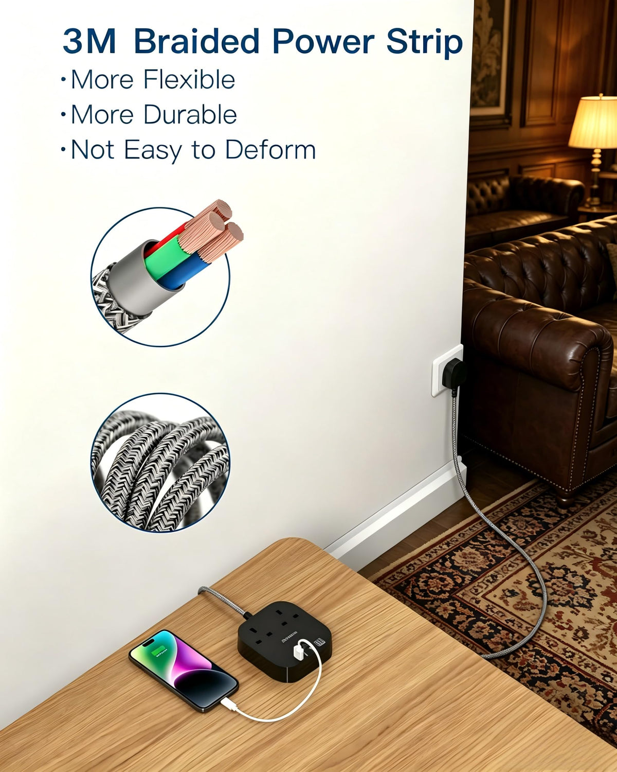 Extension Lead, Power Strips with 2 Way Outlets 4(4.5A, 2 Type C & 2 USB-A)