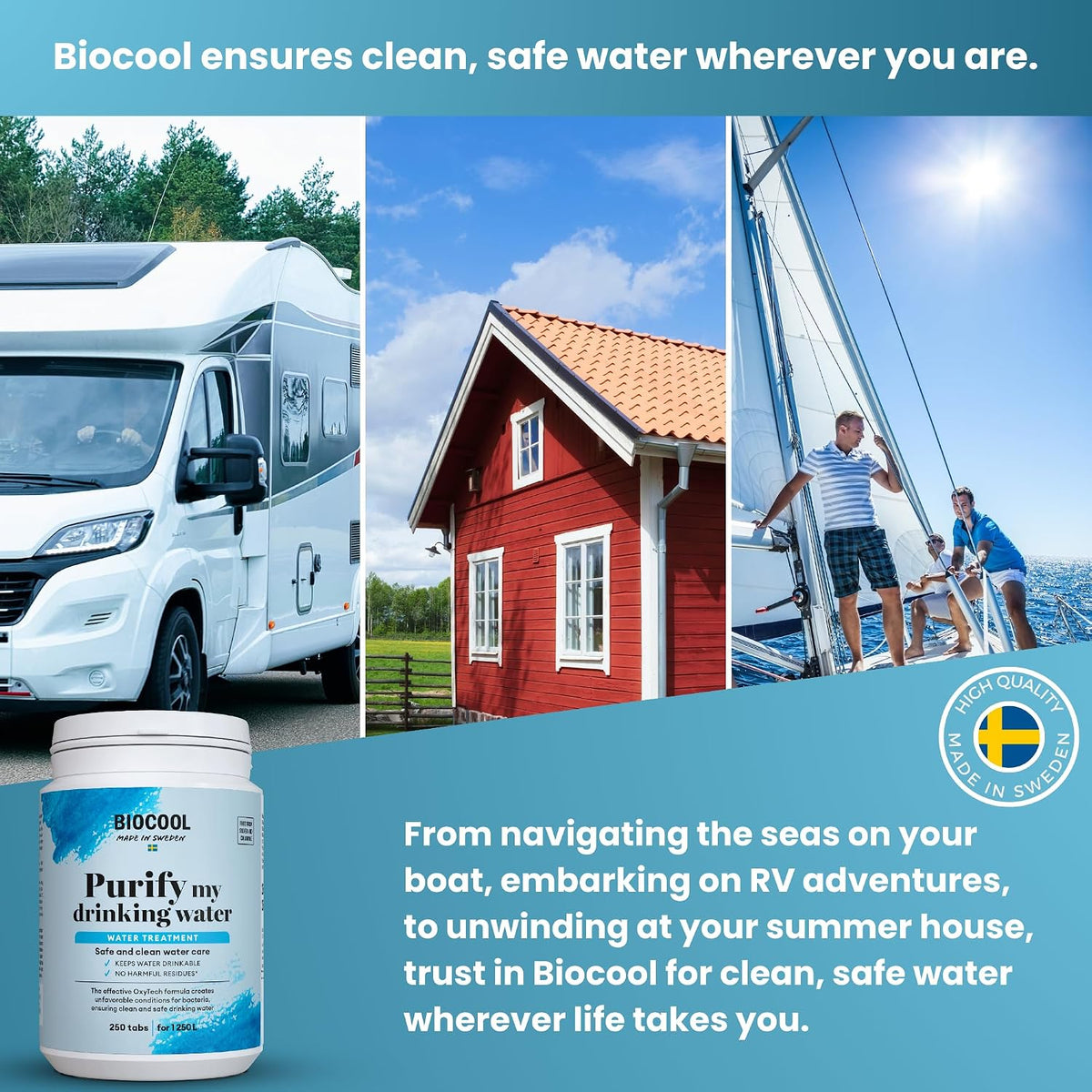Biocool Water Purification Tablets | 1 tablet treats 5 litres | For Clean Drinking Water in Caravans, Camping, Hiking and Emergencies - 250 Tablets Pack treats up to 1,250 litres