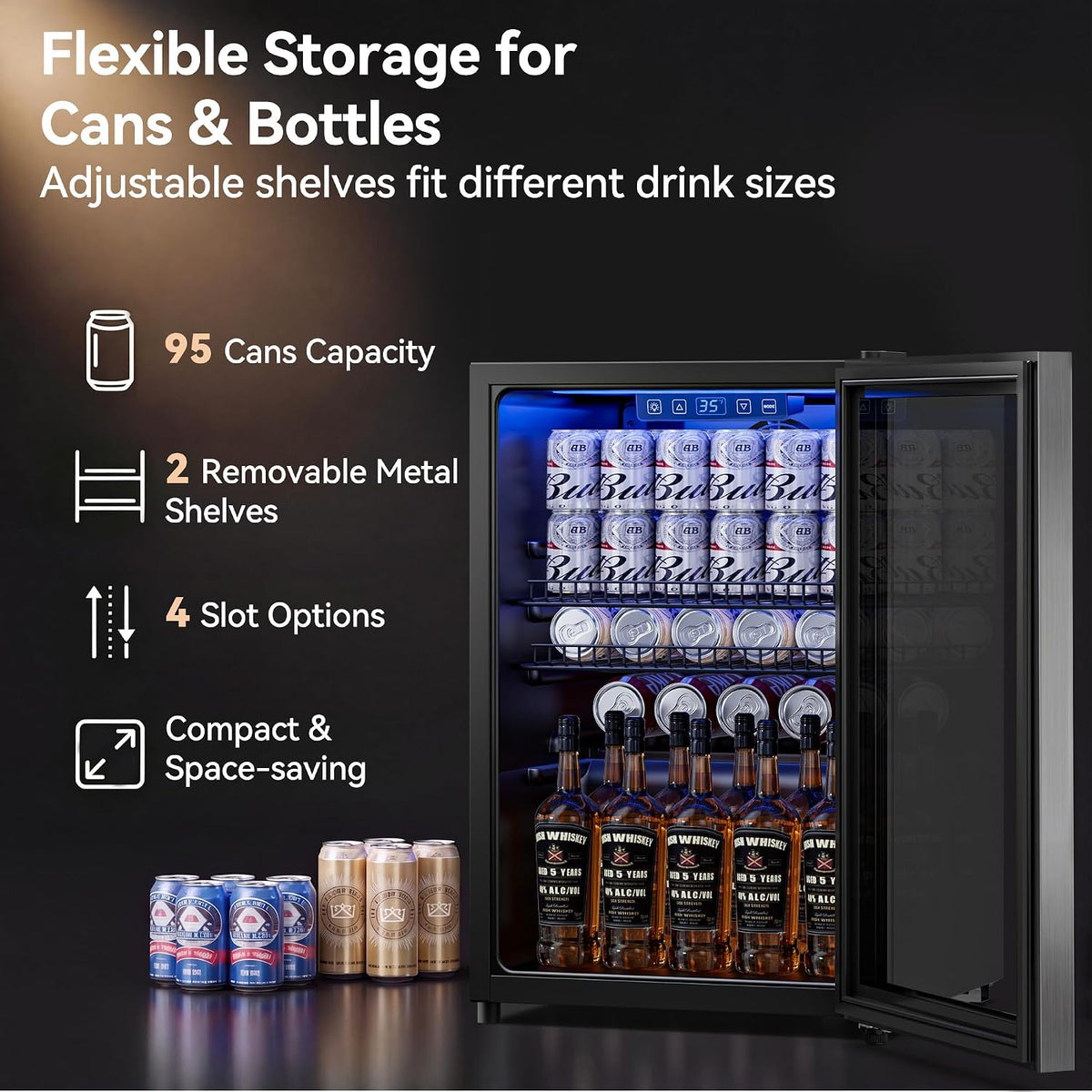 2.5 Cu.Ft Beverage Fridge, Glass Door Mini Fridge, Silver, 96 Can