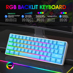 Snpurdiri 60% Wired Mechanical Gaming Keyboard, Ice Blue LED Backlit 61 Keys Mini Wired Office Keyboard for Windows Laptop PC Mac (Black-White, Red Switches)
