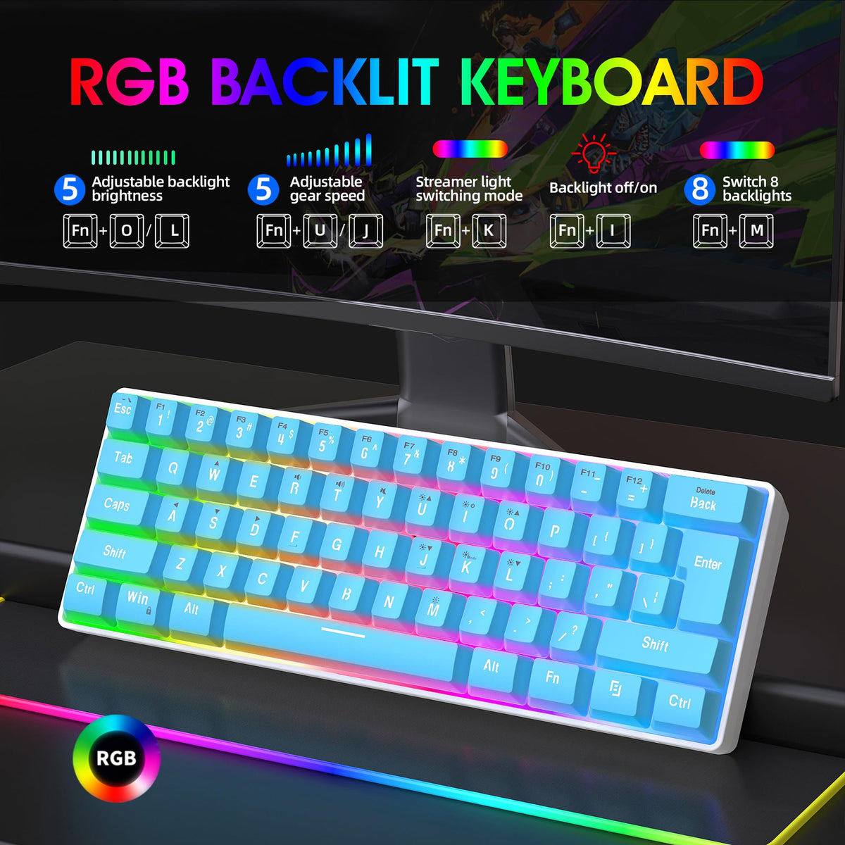 Snpurdiri 60% Wired Mechanical Gaming Keyboard, Ice Blue LED Backlit 61 Keys Mini Wired Office Keyboard for Windows Laptop PC Mac (Black-White, Red Switches)