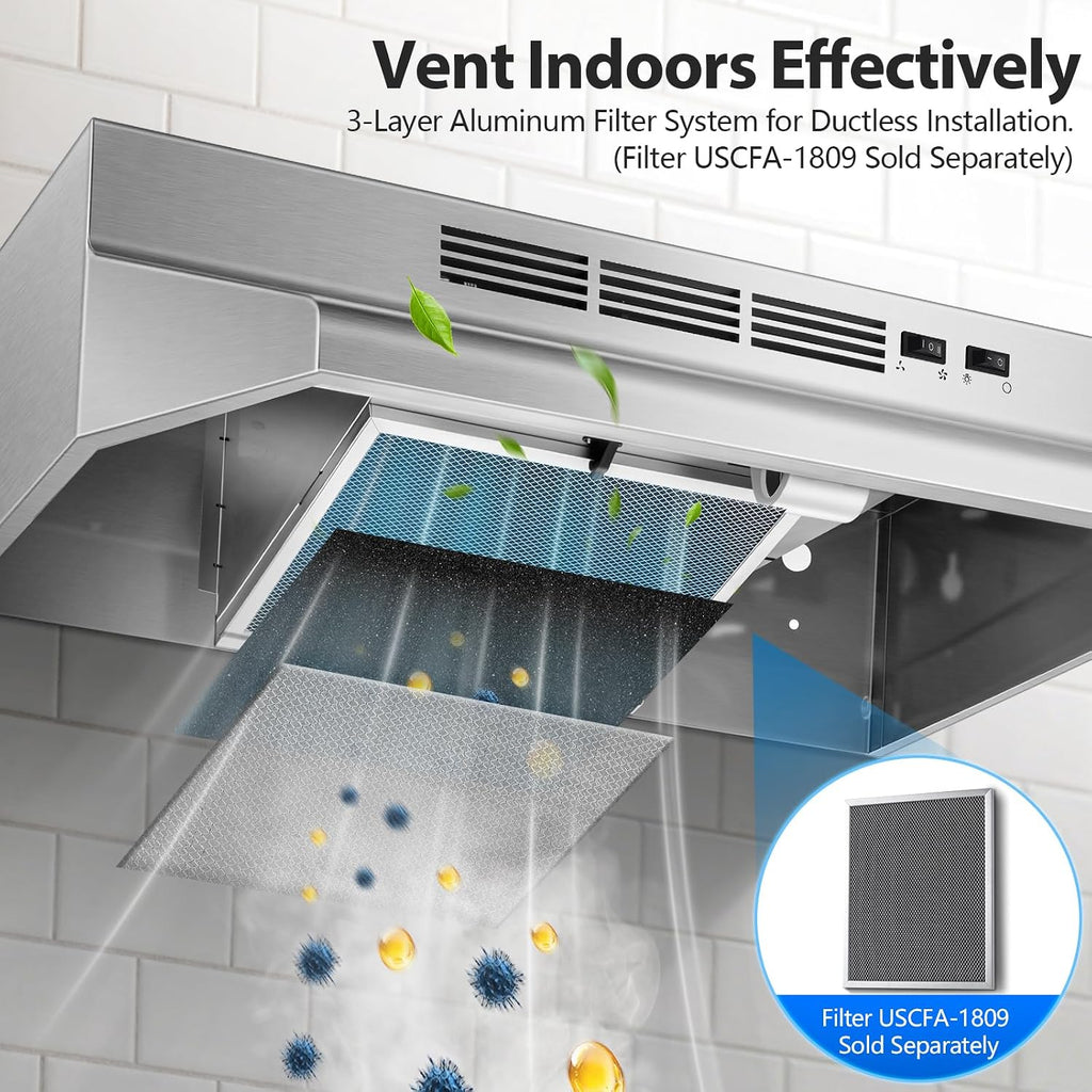 Tieasy Under Cabinet Range Hood 24 Inch, 400 CFM Stainless Steel Convertible Vent Hood with 2 Speed Exhaust Fan and Rocker Switch Control, Ducted/Ductless Kitchen Hood with Multiple Venting Options