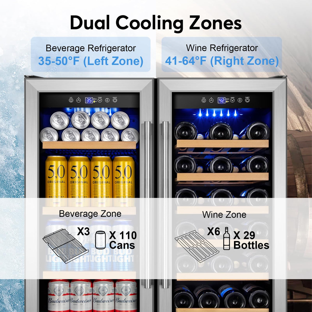 24" Dual Zone Wine and Beverage Refrigerator, Under Counter with Glass Door