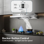 Range Hood 30 inch Under Cabinet, Stainless Steel Kitchen Vent Hood 280CFM, Built-in Kitchen Stove Hood w/Rocker Button Control, Ducted/Ductless Convertible Duct, 2 Speeds Fan, Bright LED Light