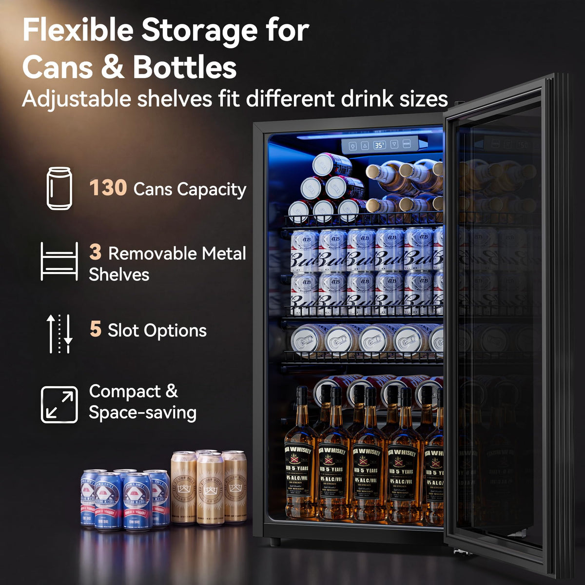 2.5 Cu.Ft Beverage Fridge, Glass Door Mini Fridge, Silver, 96 Can