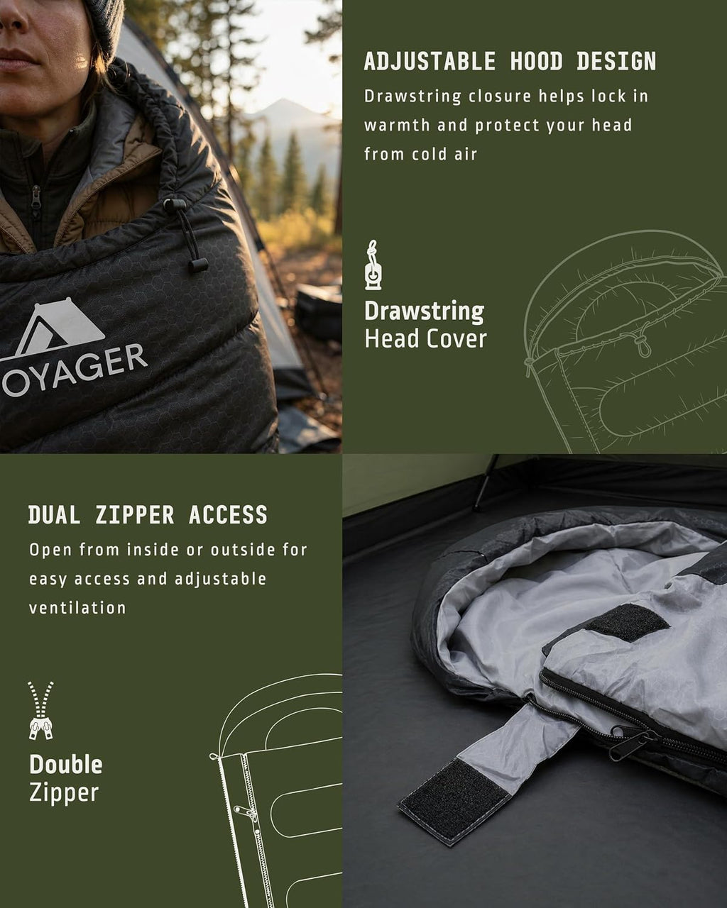 Voyager Sleeping Bag for Adults, Lightweight 3-4 Season Waterproof Camping