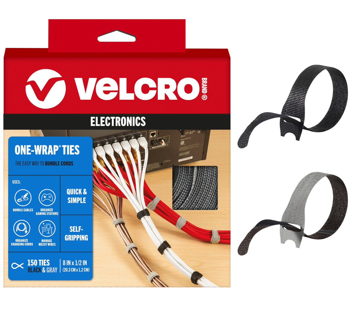 VELCRO Brand Reusable Cable Ties, Cord Management, 6in, Black, 100 Pack