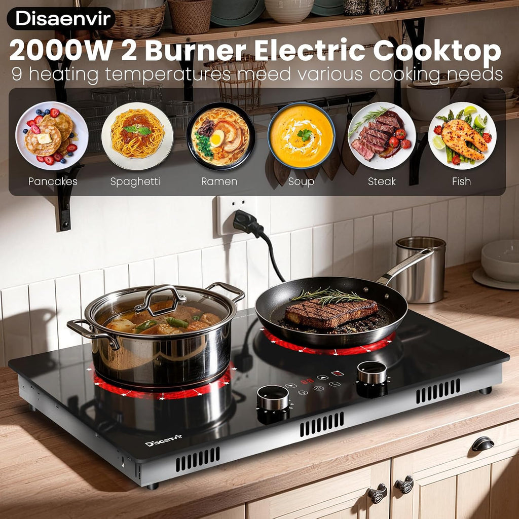 2 Burner Electric Cooktop 110V, 2000W Shard Power