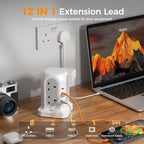 TESSAN 8 Way Black Tower Extension Lead 2M with 4 USB Slots (2 USB C)
